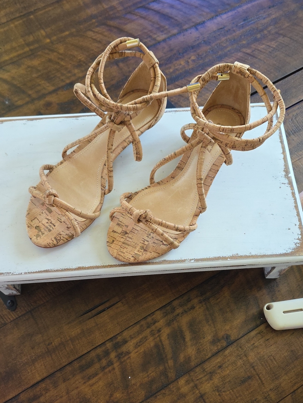 SCHUTZ Cork Strappy Wrap-Ankle Heeled Sandals in Tan